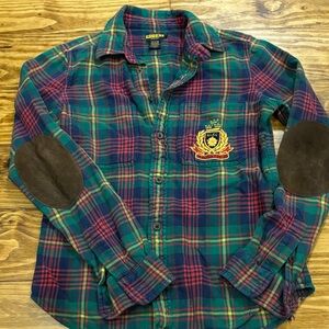 Ralph Lauren Rugby Flannel Button Down with Rugby Crest and Elbow Patches Size 6